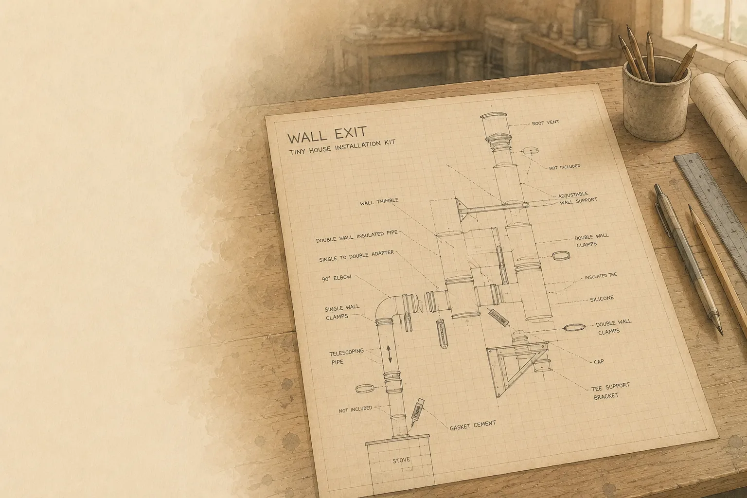 Cutaway illustration of a stove and chimney flue in a Bristol home