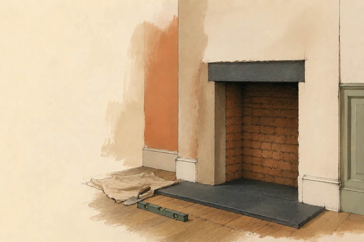 Illustration of fireplace preparation and slate hearth work
