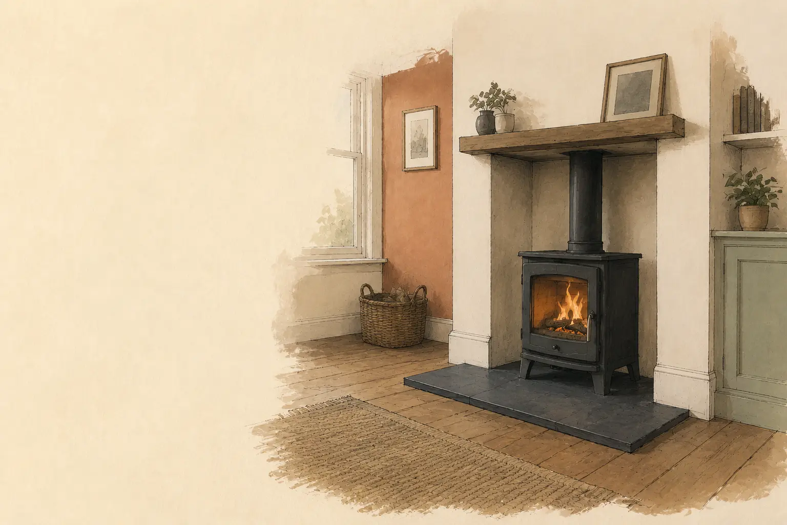 Illustrated modern wood burner installed in a Bristol home