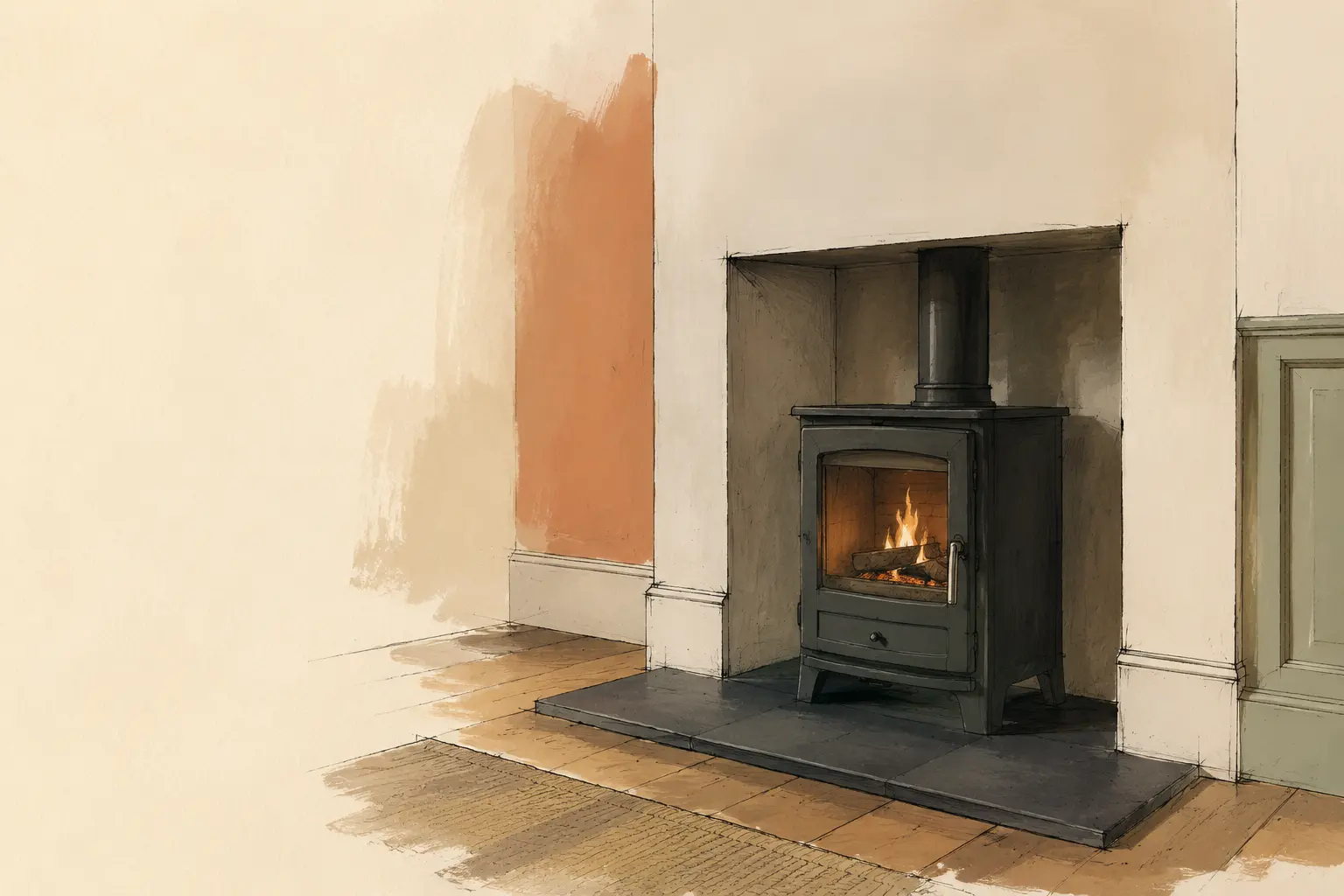 Illustration of a modern wood burner installed in a Bristol home