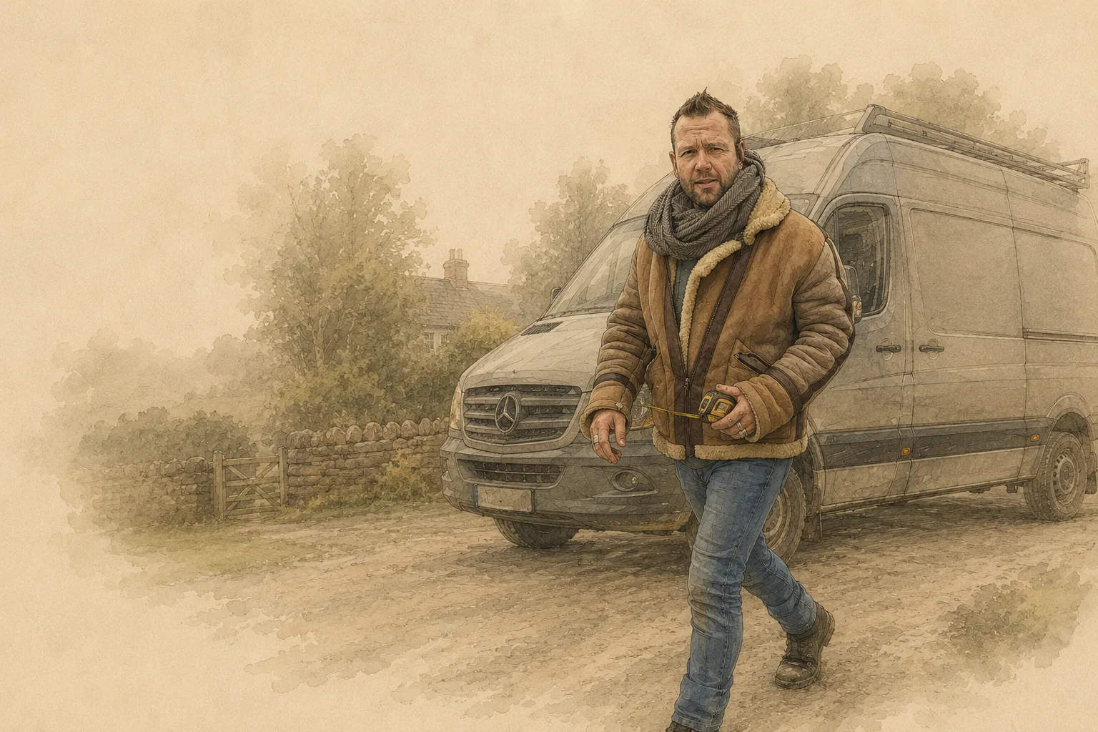 Illustration of Paul from Firebug Bristol beside his work van